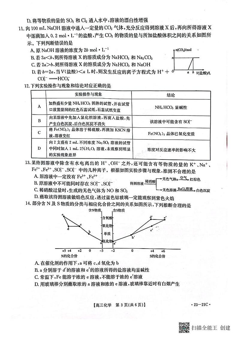 2023河南省名校高三上学期阶段性考试（四）化学含解析03