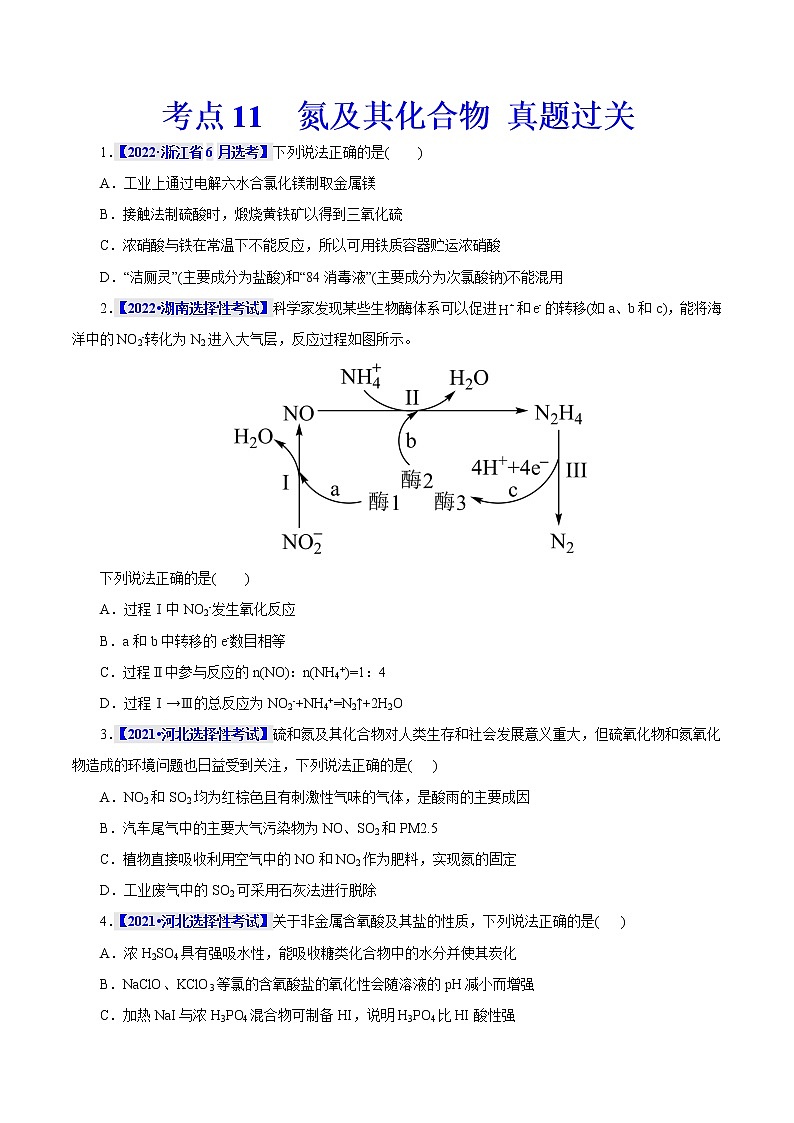 考点11  氮及其化合物 真题过关 2023年高考化学一轮复习01