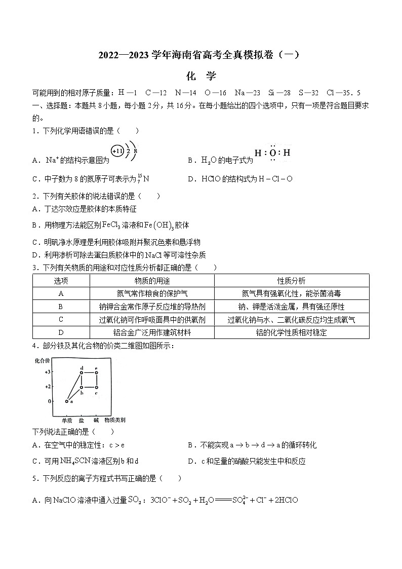 海南省2022-2023学年高三上学期高考全真模拟卷（一）化学试题及答案01