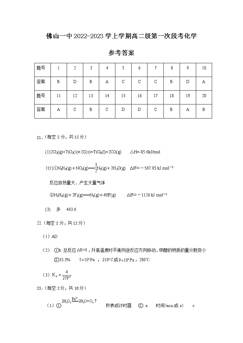 2023佛山一中高二上学期第一次段考试题（10月）化学含答案01
