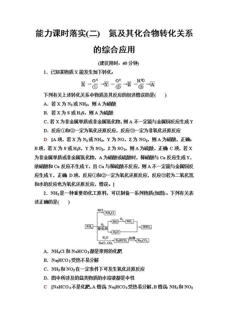 苏教版高中化学必修二能力课时落实2氮及其化合物转化关系的综合应用含答案第1页