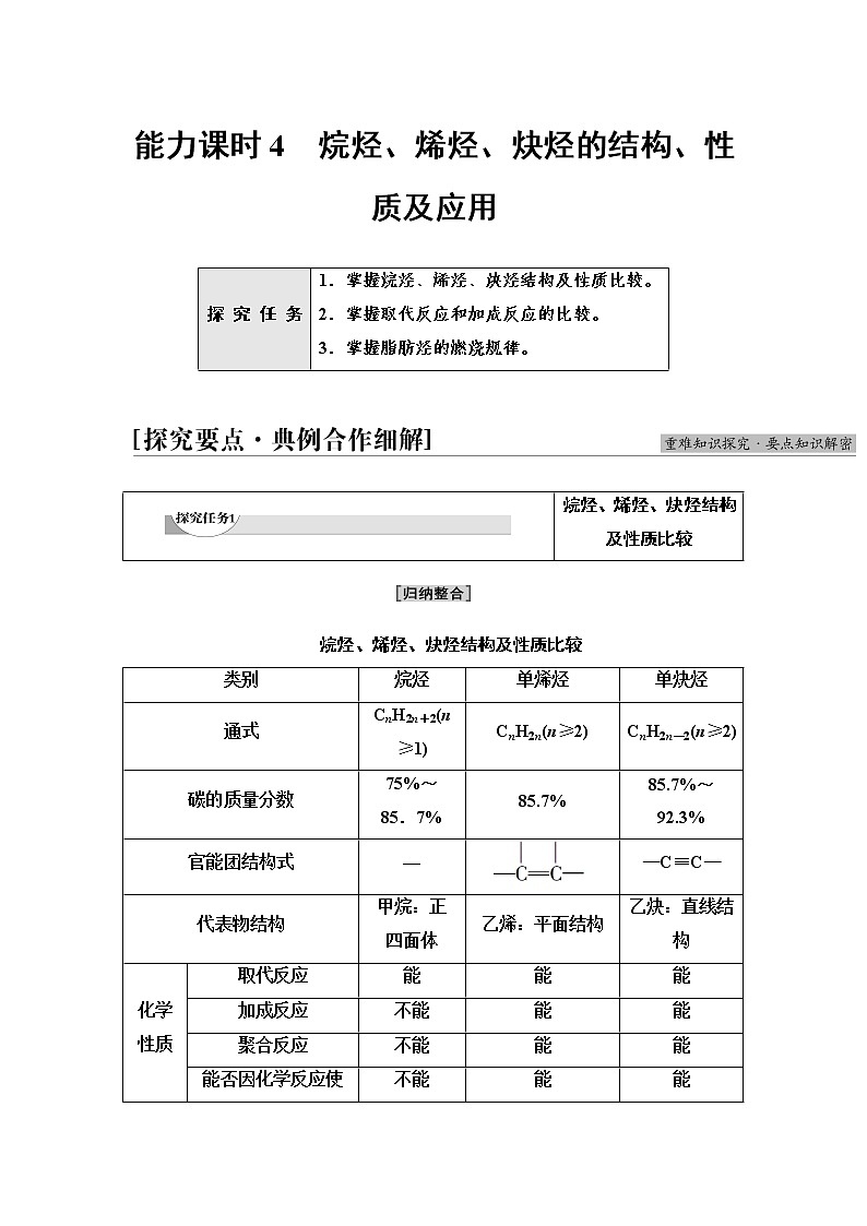 苏教版高中化学选择性必修3专题3第1单元能力课时4烷烃、烯烃、炔烃的结构、性质及应用学案01