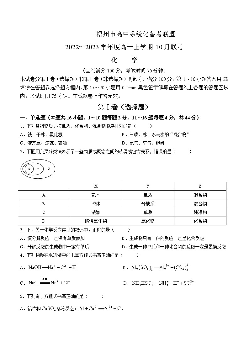 2023梧州高中系统化备考联盟高一上学期10月联考化学试题含解析第1页