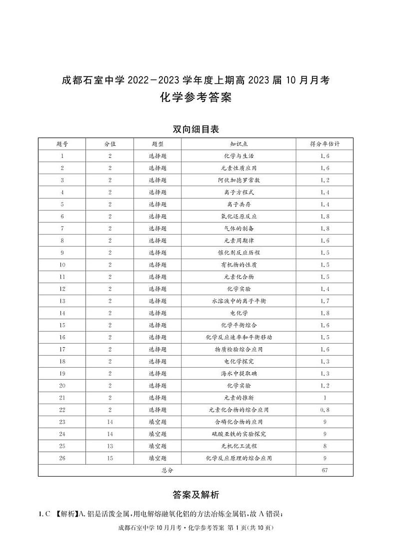 成都石室中学2022-2023学年度上期高2023届10月月考化学答案第1页