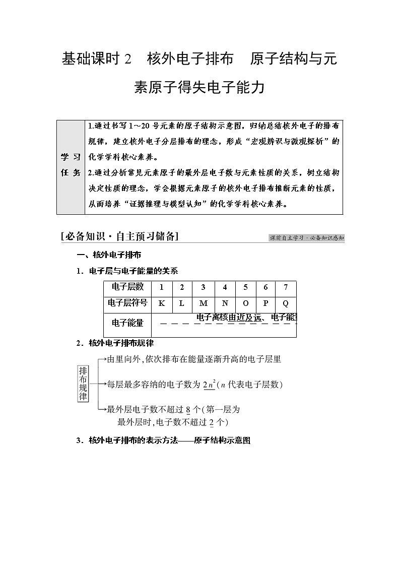 鲁科版高中化学必修第二册第1章第1节基础课时2核外电子排布原子结构与元素原子得失电子能力学案01