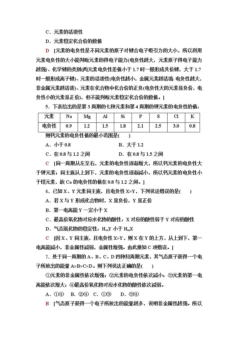 鲁科版高中化学选择性必修2基础课时落实5元素的电负性及其变化规律含答案 试卷02