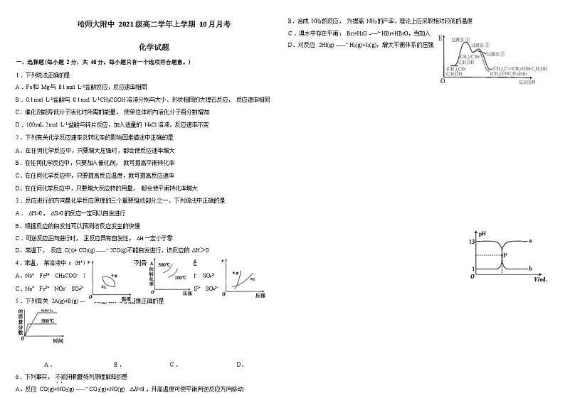 黑龙江省哈尔滨师大附高2022-2023学年高二上学期10月月考化学试题（Word版含答案）01