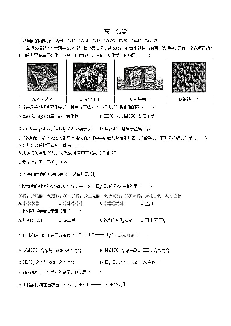 北京市第四中学2022-2023学年高一上学期适应性测试化学试题（含答案）01