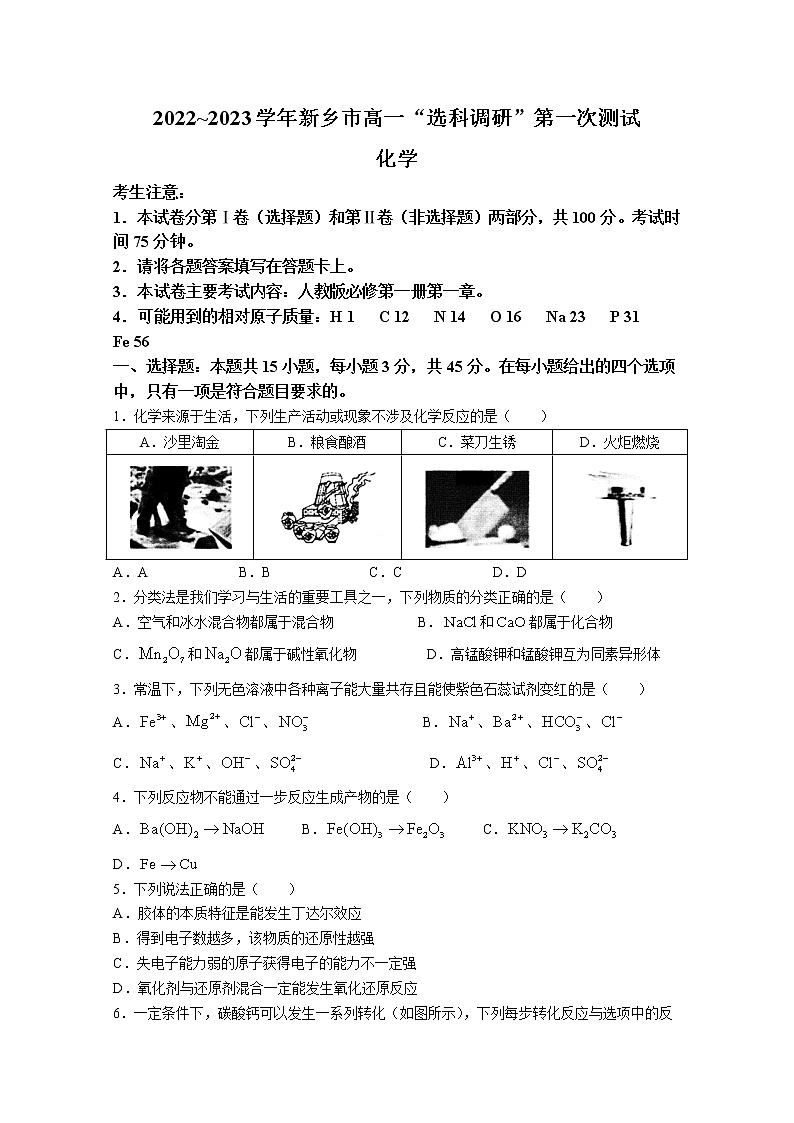 河南省新乡市2022-2023学年高一化学上学期选科调研第一次测试试题（Word版附答案）01