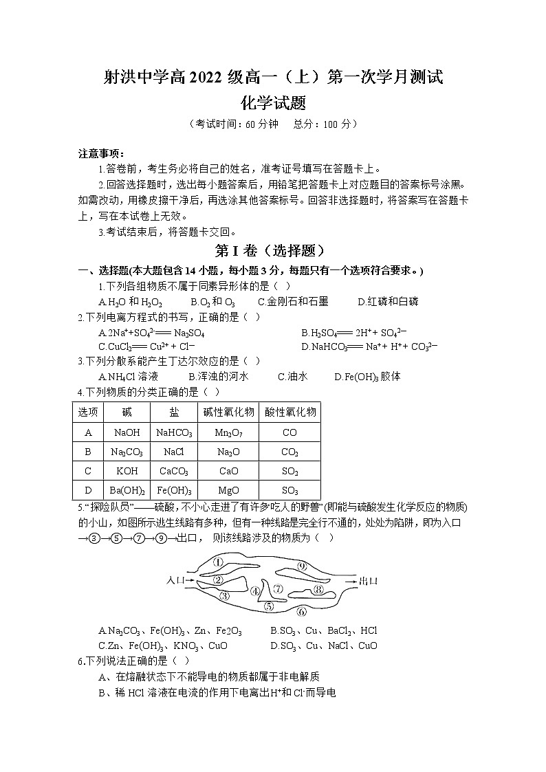 四川省遂宁市射洪中学2022-2023学年高一化学上学期第一次月考试题（10月）（Word版附答案）第1页