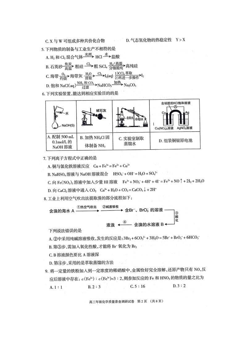 2021呼和浩特高三上学期质量普查调研考试化学试题扫描版含答案02