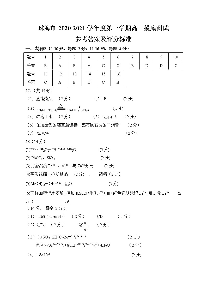 珠海市2020-2021学年度第一学期高三摸底测试化学 评分标准第1页