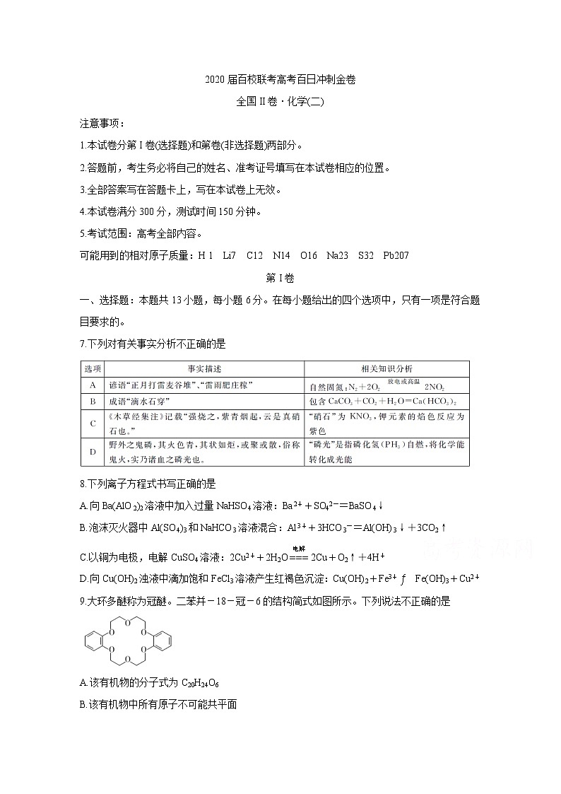 2020百校联考高考百日冲刺金卷全国Ⅱ卷化学（二）含答案第1页