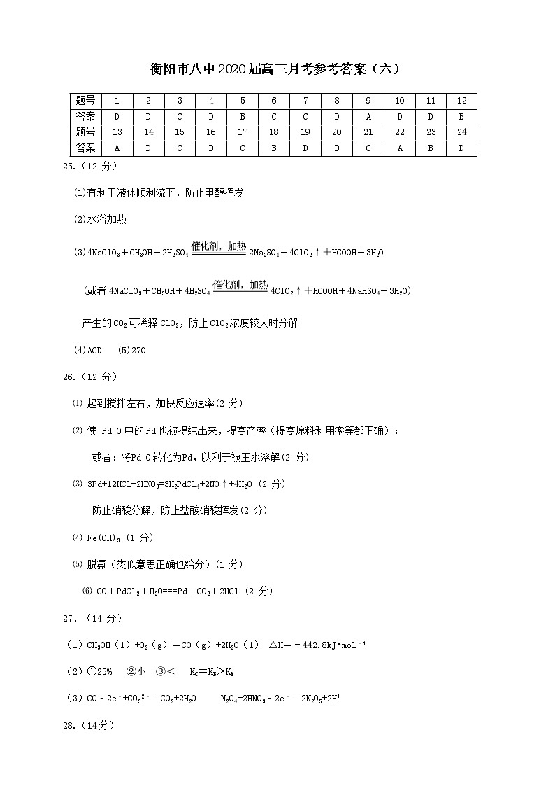 衡阳市八中2020届高三月考参考答案（六）第1页
