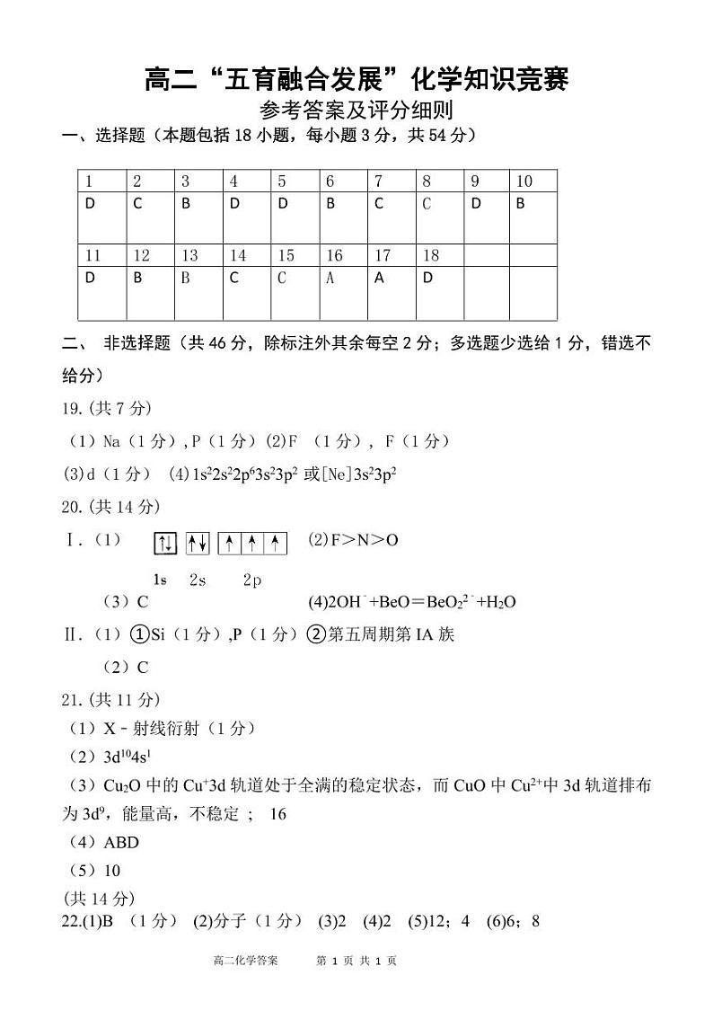 2021长春农安县高二下学期“五育融合”知识竞赛化学试题（选修三）PDF版含答案01