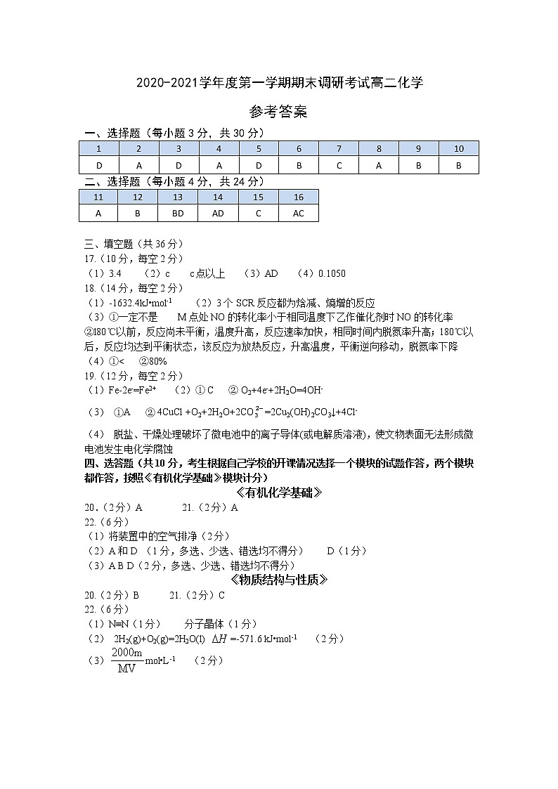 2021保定定州高二上学期期末考试化学试题扫描版含答案01