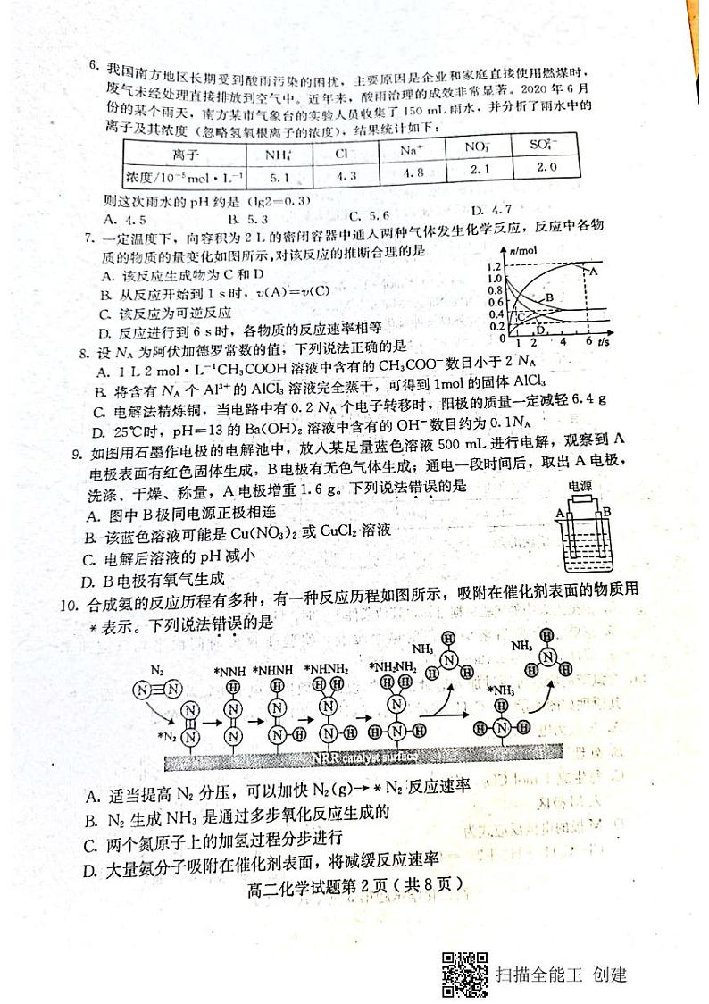 2021保定定州高二上学期期末考试化学试题扫描版含答案02