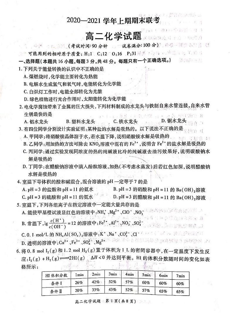 2021河南省豫南九校高二上学期期末联考化学试题PDF版含答案01