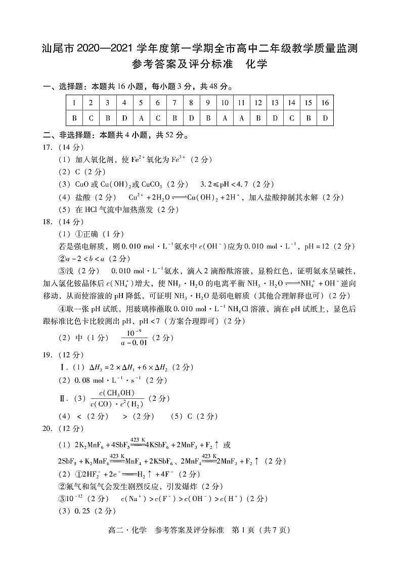 2021汕尾高二上学期期末化学试题PDF版含答案01