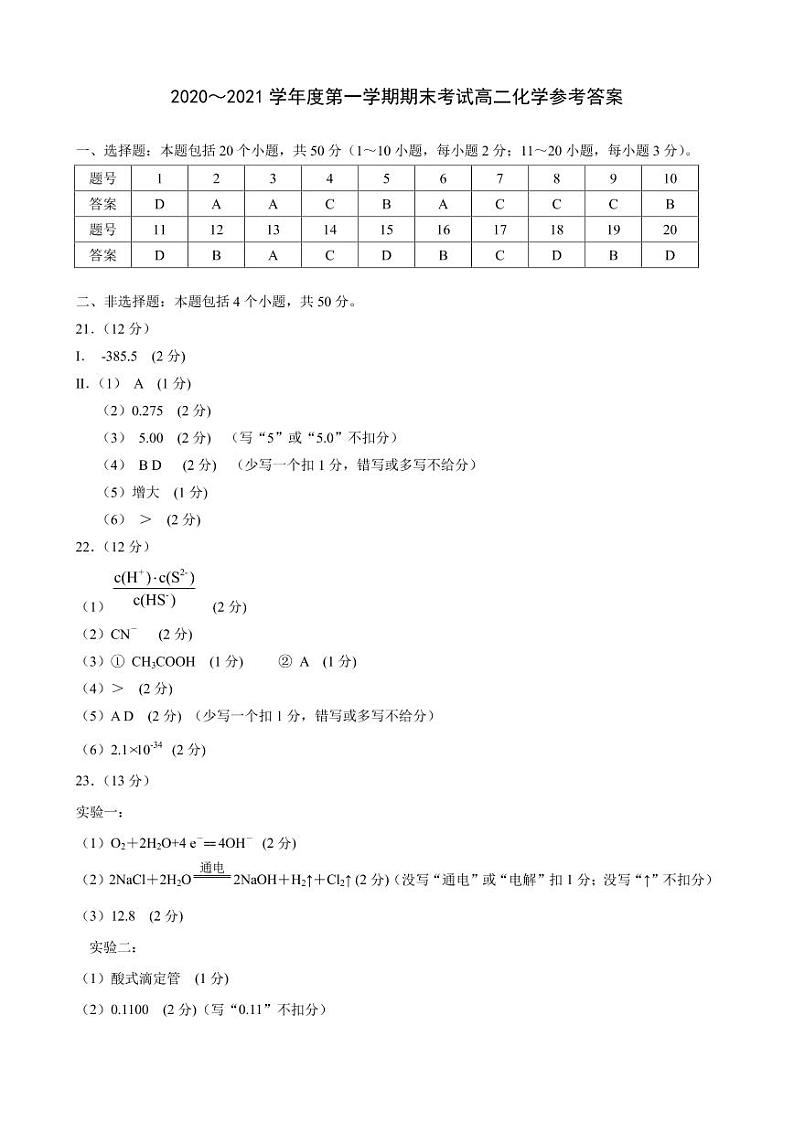 2021锦州高二上学期期末考试化学试题含答案01