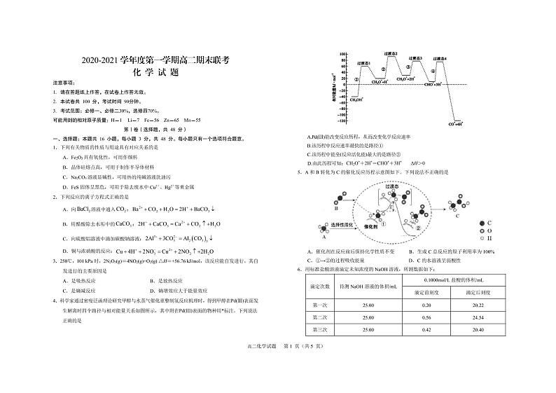 山西省晋城市（高平一中、阳城一中、高平实验中学）2020-2021学年高二上学期化学试题（PDF可编辑）第1页