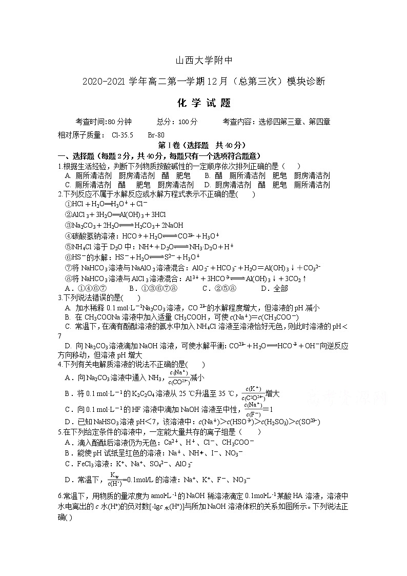 2021山西省山西大学附中、汾阳中学高二上学期12月月考化学试题含答案第1页