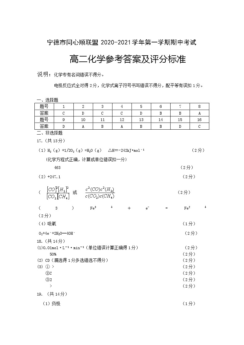 2021宁德高中同心顺联盟校高二上学期期中考试化学试题含答案01