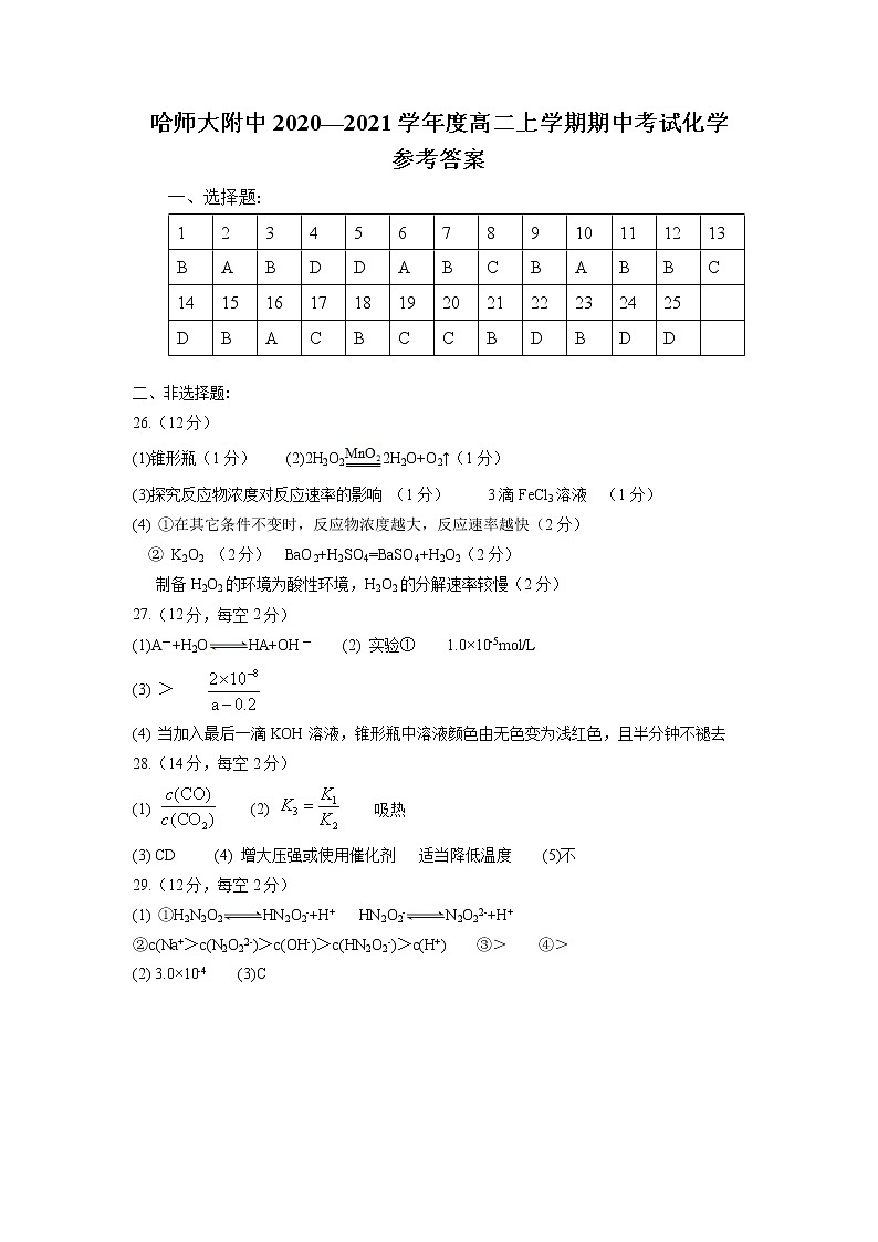 2021黑龙江省哈师大附中高二上学期期中考试化学含答案01