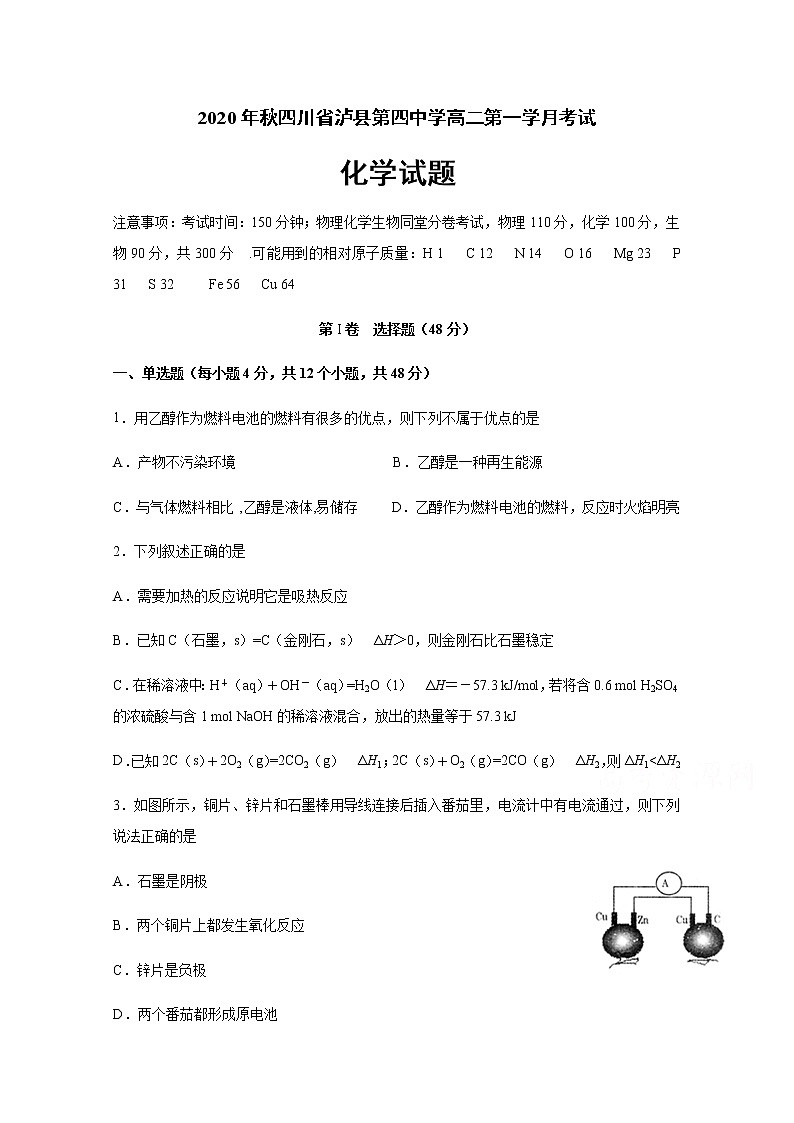 2021泸县四中高二上学期第一次月考化学试题含答案01