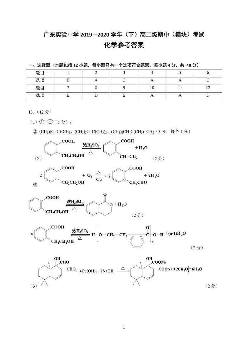 2020广东实验中学高二下学期期中考试化学PDF版含答案01
