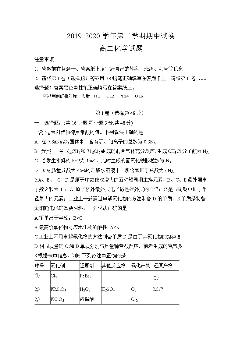 2020滁州定远县重点中学高二下学期期中考试化学试题含答案01