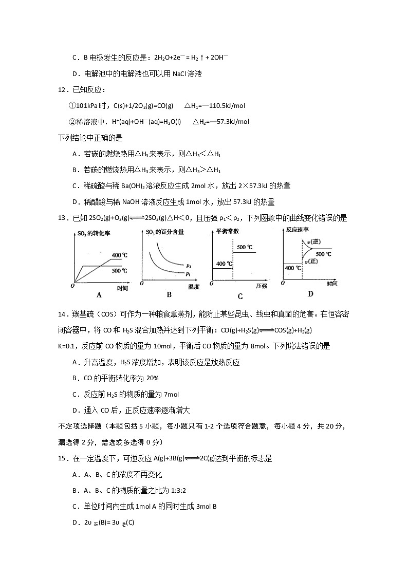 2020沭阳县高二下学期期中化学试题含答案第3页