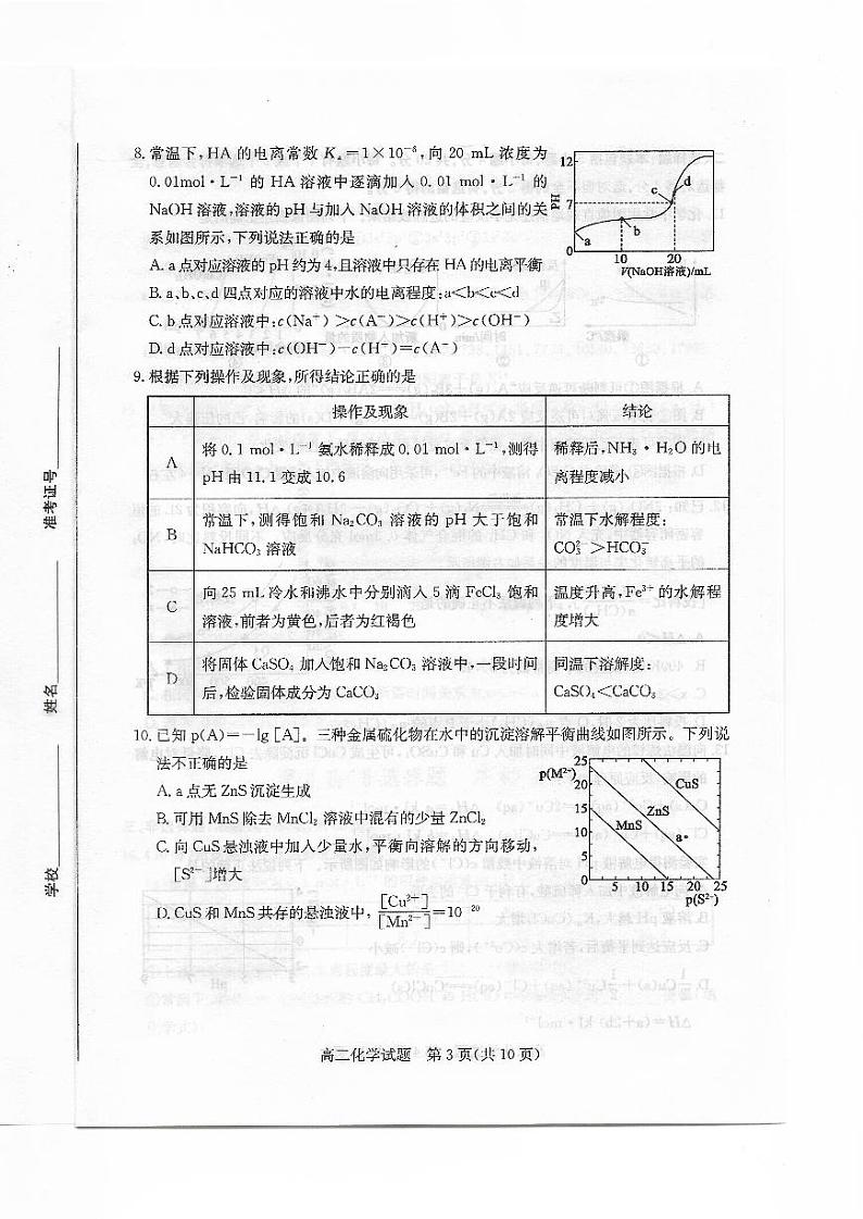 2020滨州高二上学期期末考试化学试题PDF版缺答案03