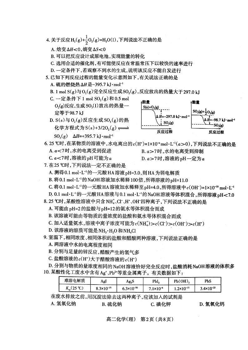 2020太原高二上学期期末考试化学（理）试题扫描版含答案第2页