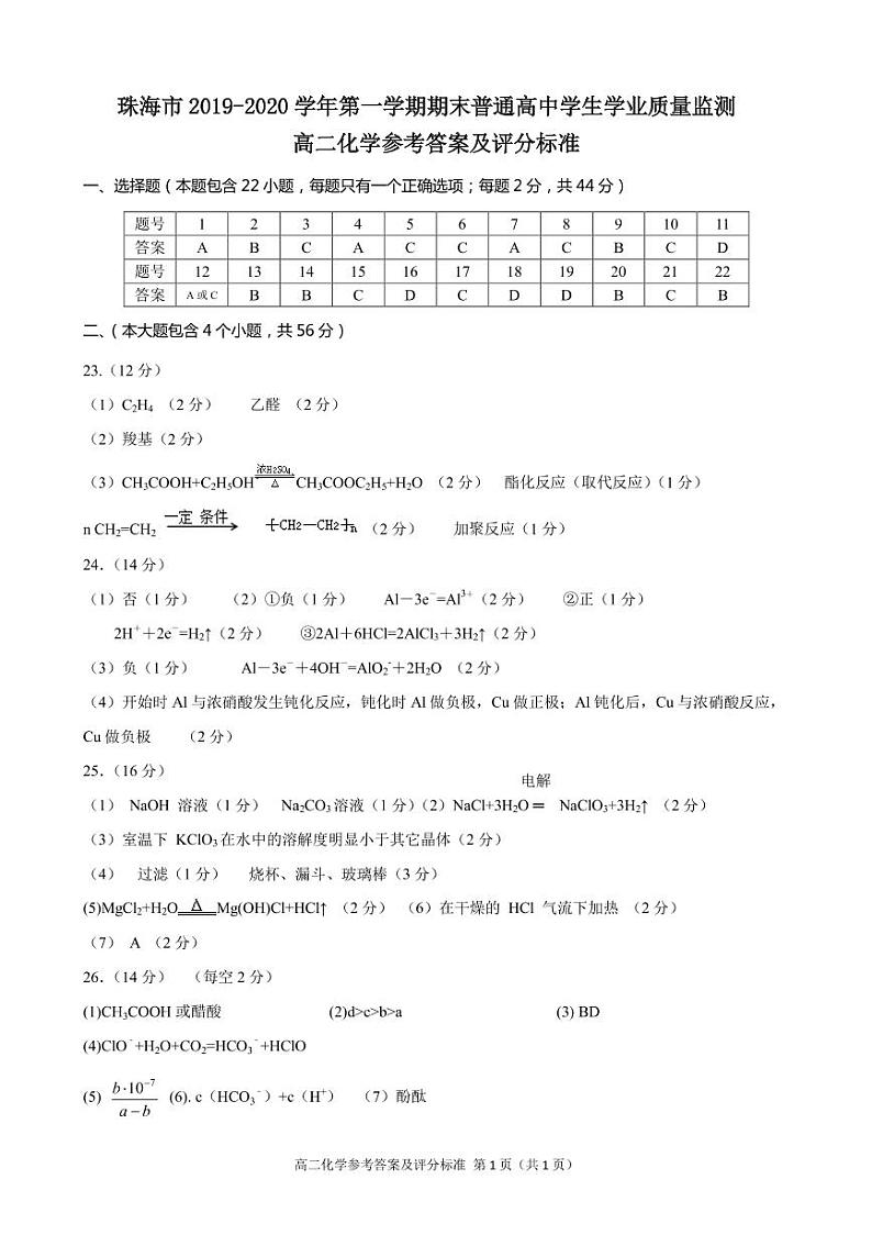 2020珠海高二上学期期末考试化学试题扫描版含答案01