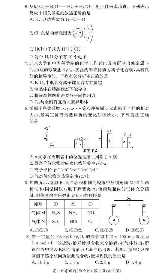 2021湖南师大附中高一下学期入学自主检测化学试题（可编辑）PDF版含答案02