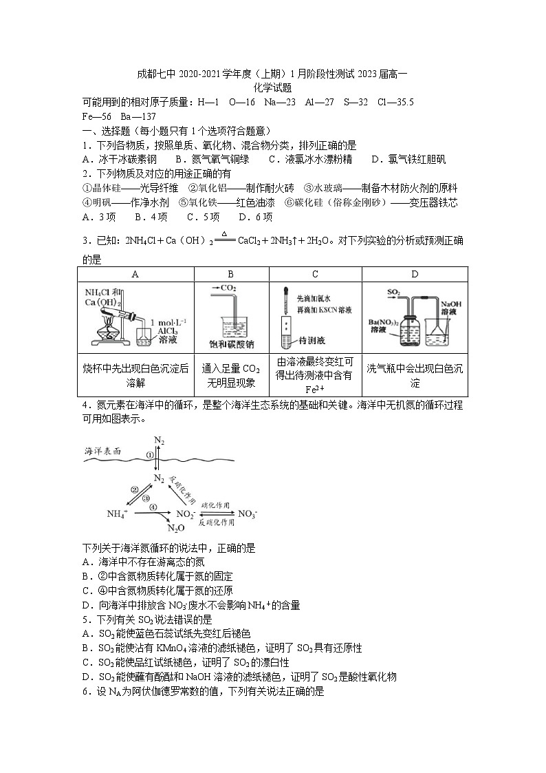 2021成都七中高一上学期1月阶段性测试化学试题含答案01