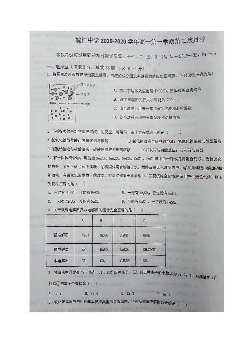 2021芜湖繁昌皖江中学高一上学期第二次月考（期中）化学试题扫描版含答案01