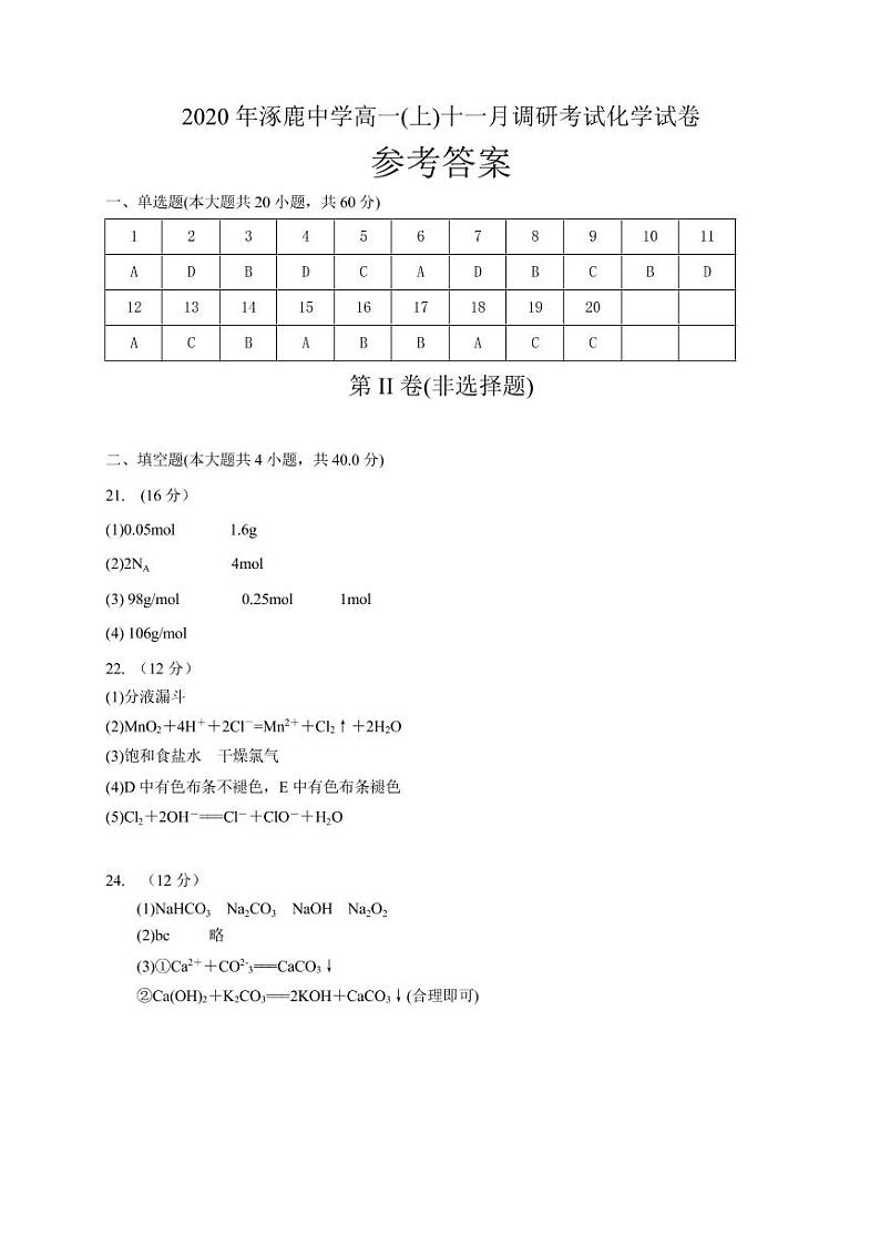 2021张家口涿鹿中学高一上学期11月调研（期中）考试化学试题（可编辑）PDF版含答案01