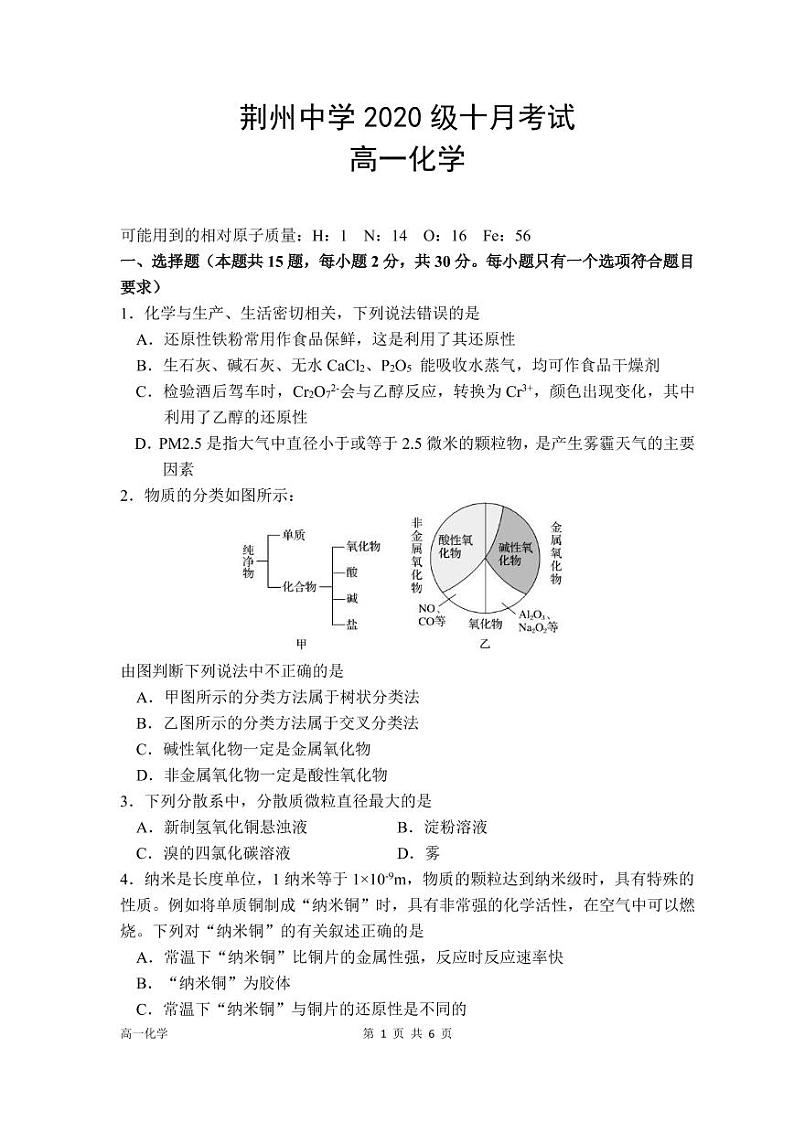 2021荆州中学高一10月月考化学试题（可编辑）PDF版含答案01