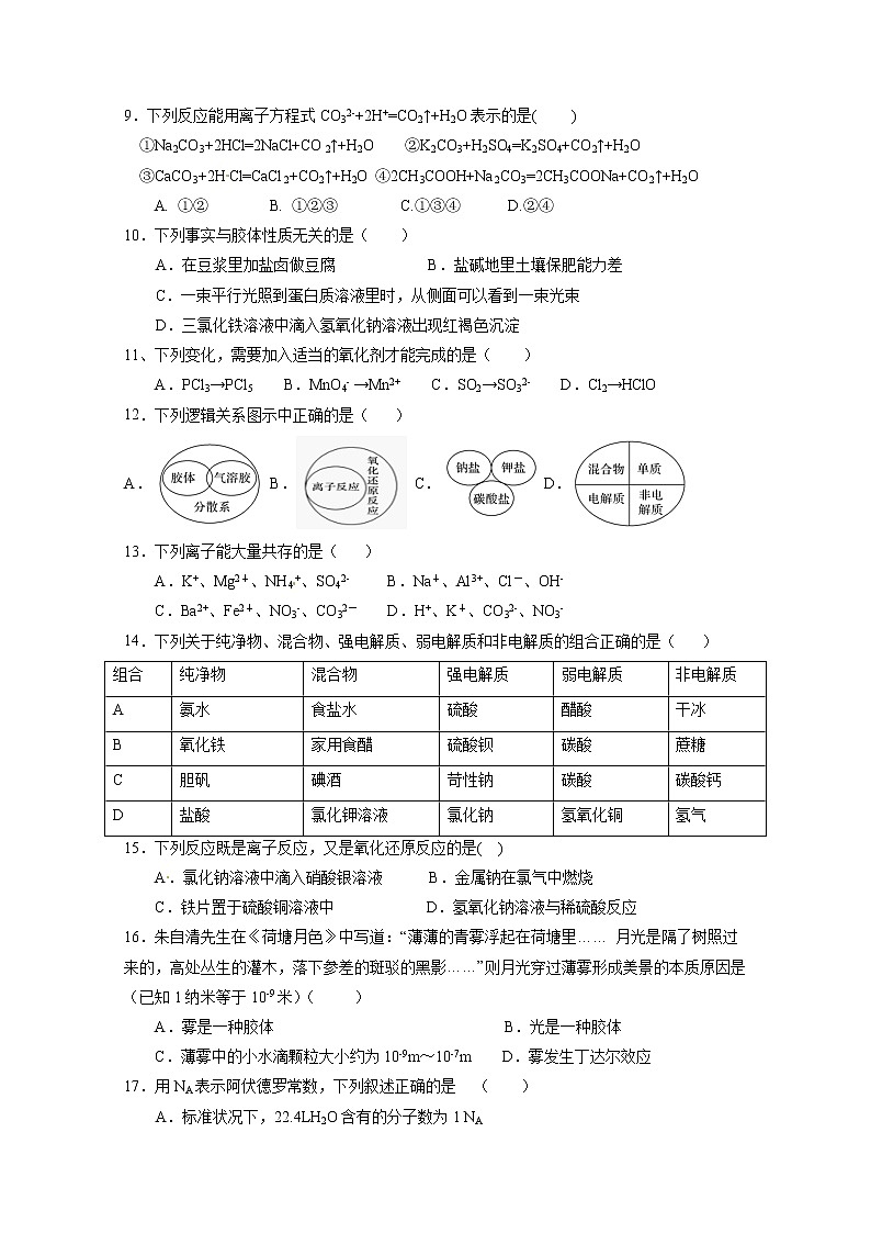 2020江门二中高一上学期第二次考试（期中）化学试题含答案02