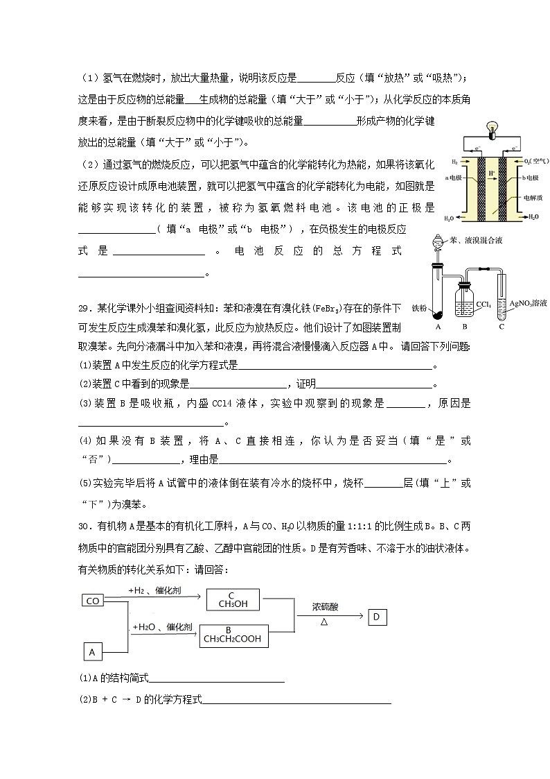 2020四川省仁寿一中北校区高一下学期期末模拟理综-化学试题含答案03
