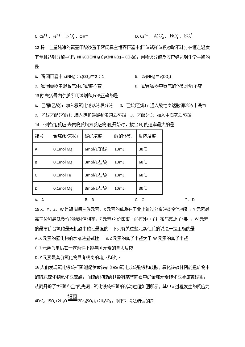 2020运城景胜中学高一下学期期末模考化学试题含答案03
