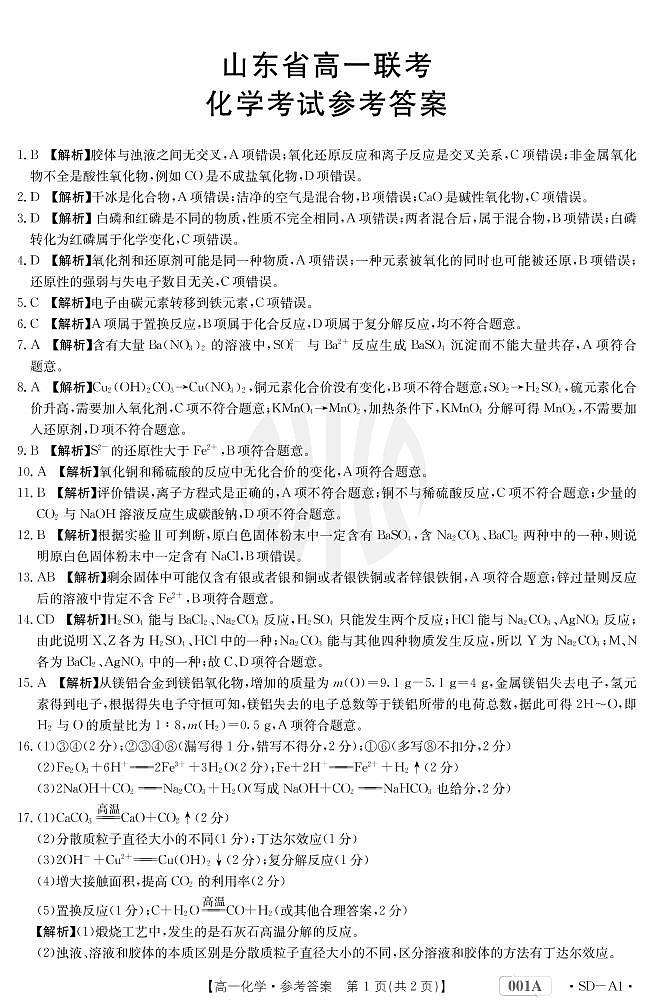 2023山东省高一上学期10月选科联考化学试题PDF版含答案01