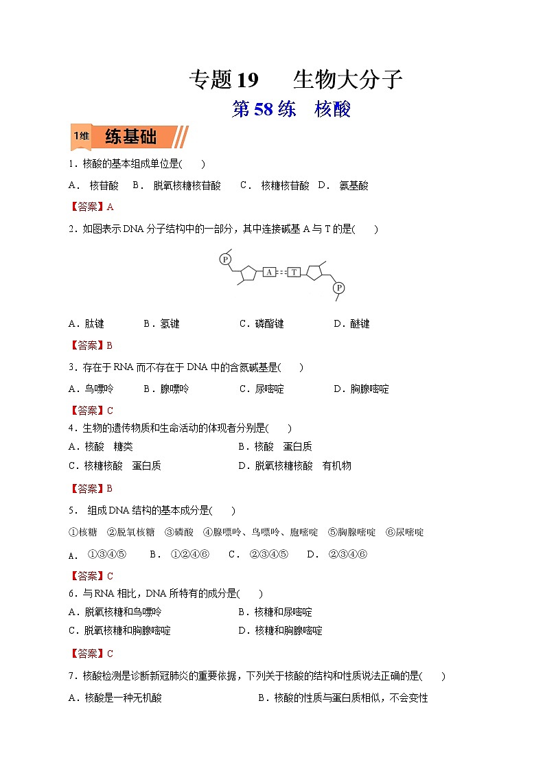 2023年高考化学一轮复习小题多维练- 第58练  核酸第1页
