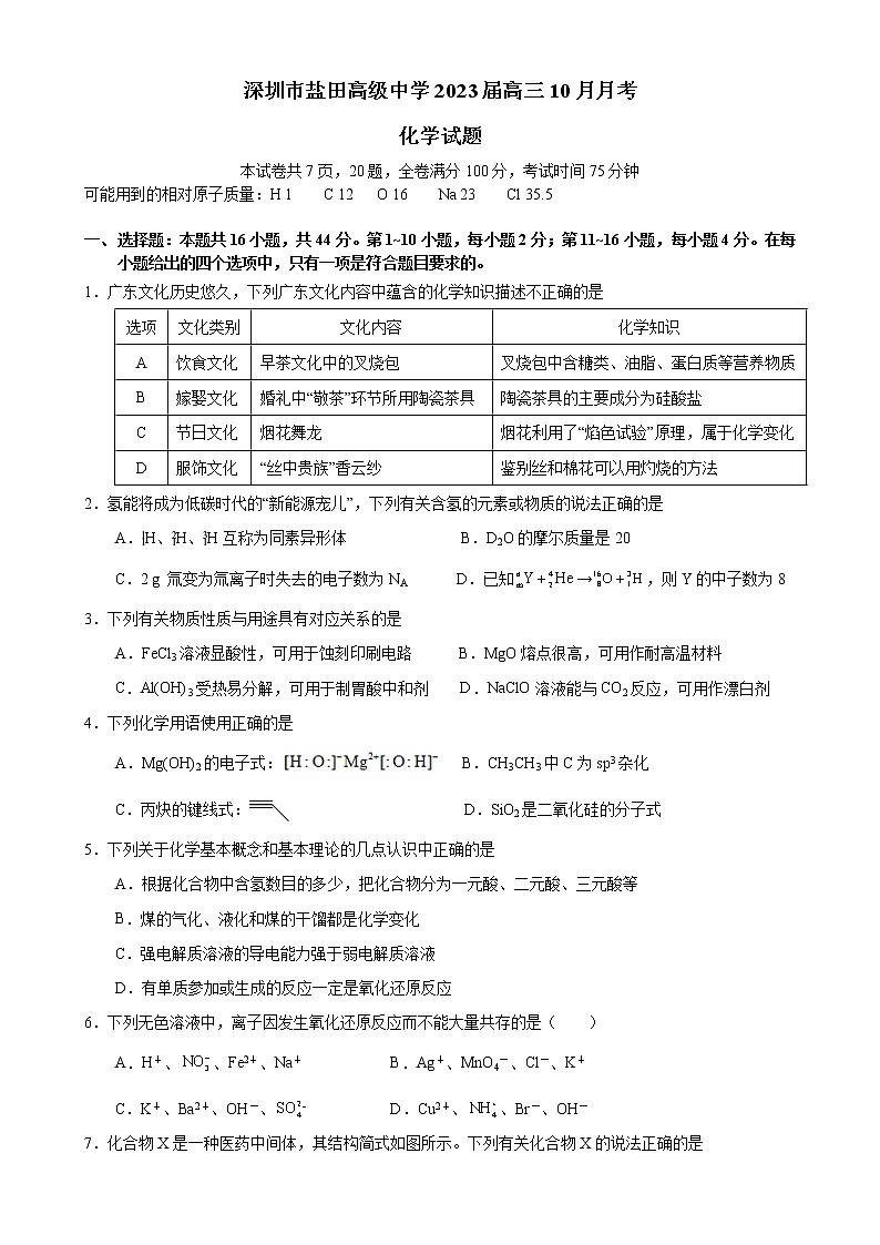 广东省深圳市盐田高级中学2022-2023学年高三10月月考化学试题第1页