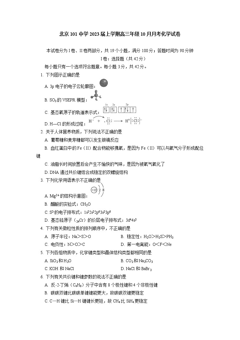 2023北京一零一中学高三上学期10月月考化学试卷含答案01