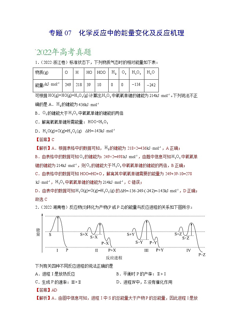 【三年高考真题】最新三年化学高考真题分项汇编——专题07《化学反应中的能量变化及反应机理》（ 2023新高考地区专用）01