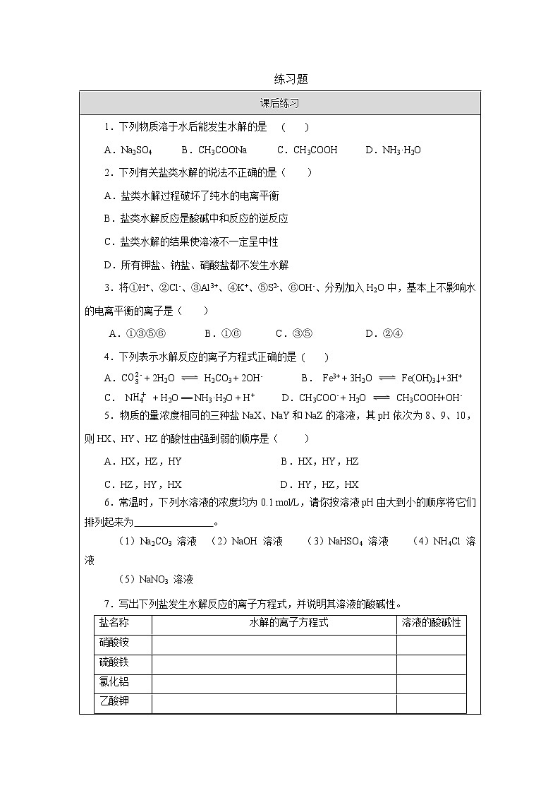 盐类的水解（第一课时）-练习题第1页