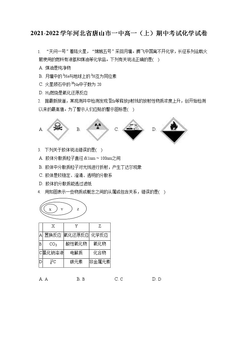 2021-2022学年河北省唐山市一中高一（上）期中考试化学试卷（含答案解析）01